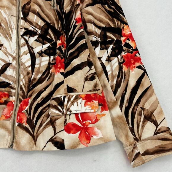 Chico's Blazer Jacket Size L Brown Red Tropical Floral Stretch Lined Full Zip - Picture 6 of 11